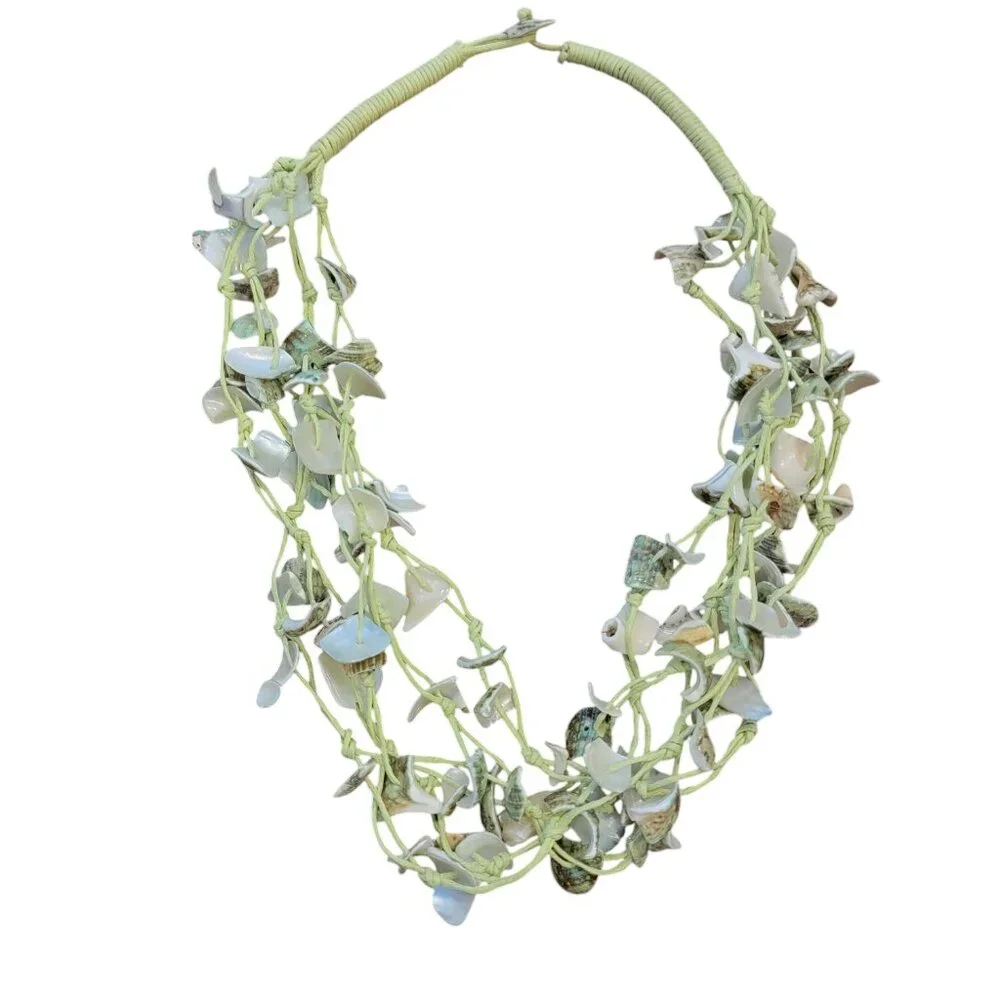 Green Shell & Cotton Multistrand Boho Necklace - Picture 2 of 11